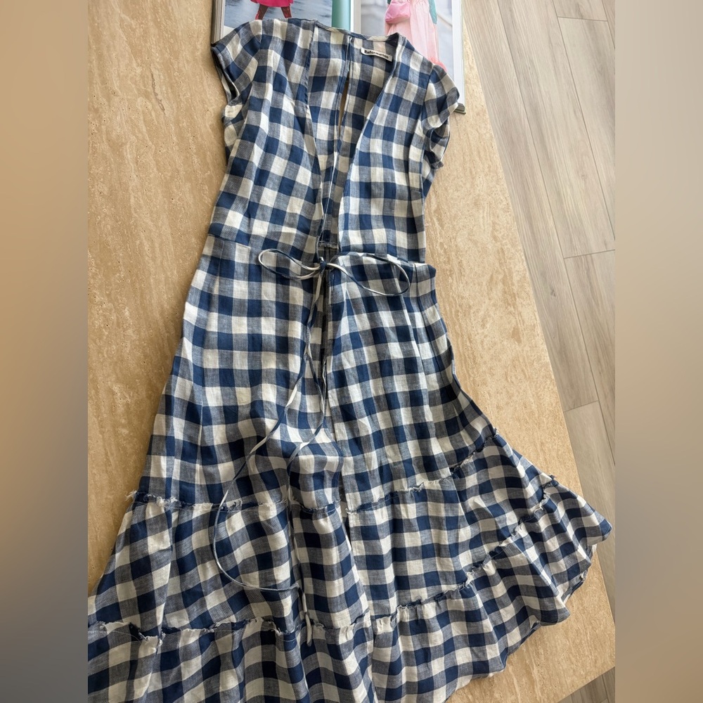 Reformation Calista Gingham Line Midi Wrap Navy and White Plaid Dress